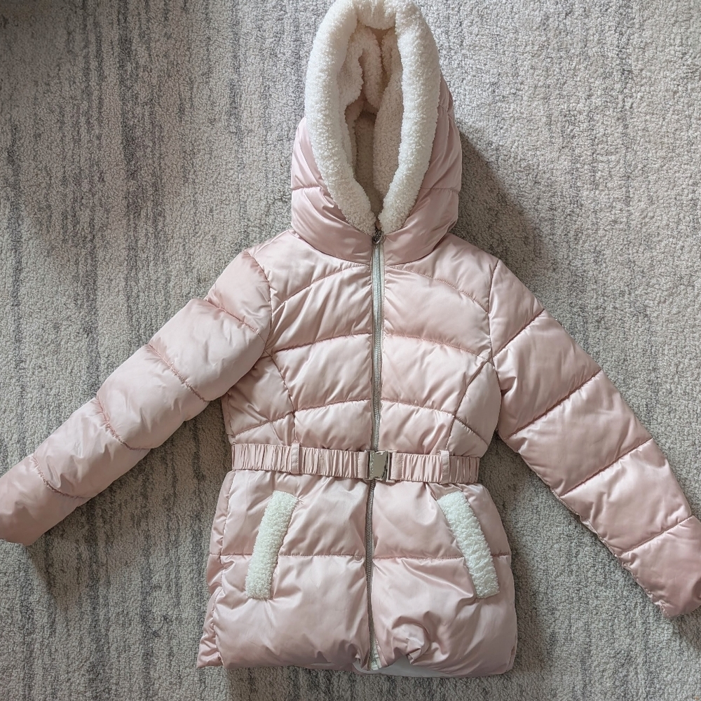 Michael Kors Pink Satin Puffer Jacket w/fleece lined hood, Girls Size 14